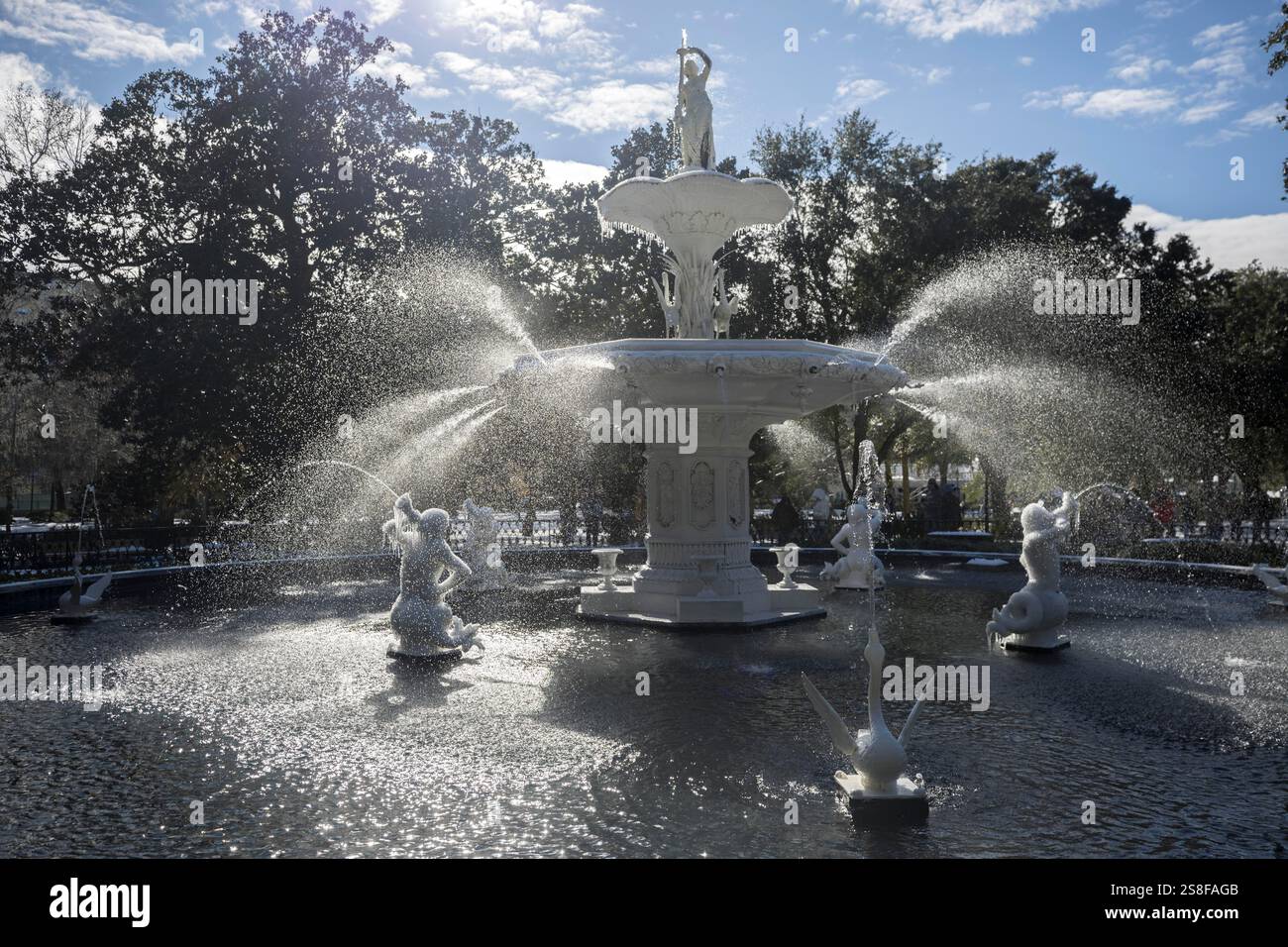 Ice clings to the sculptures in the historic fountain at Forsyth Park