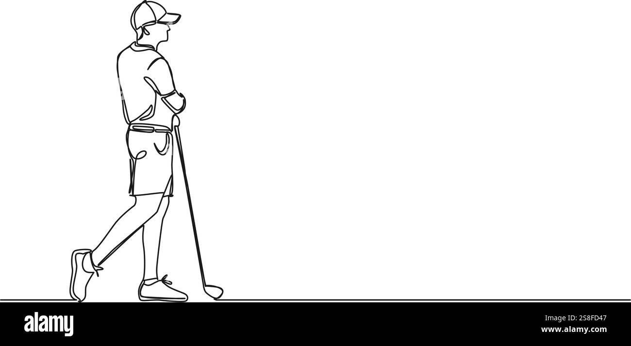 continuous single line drawing of man playing golf, line art vector ...