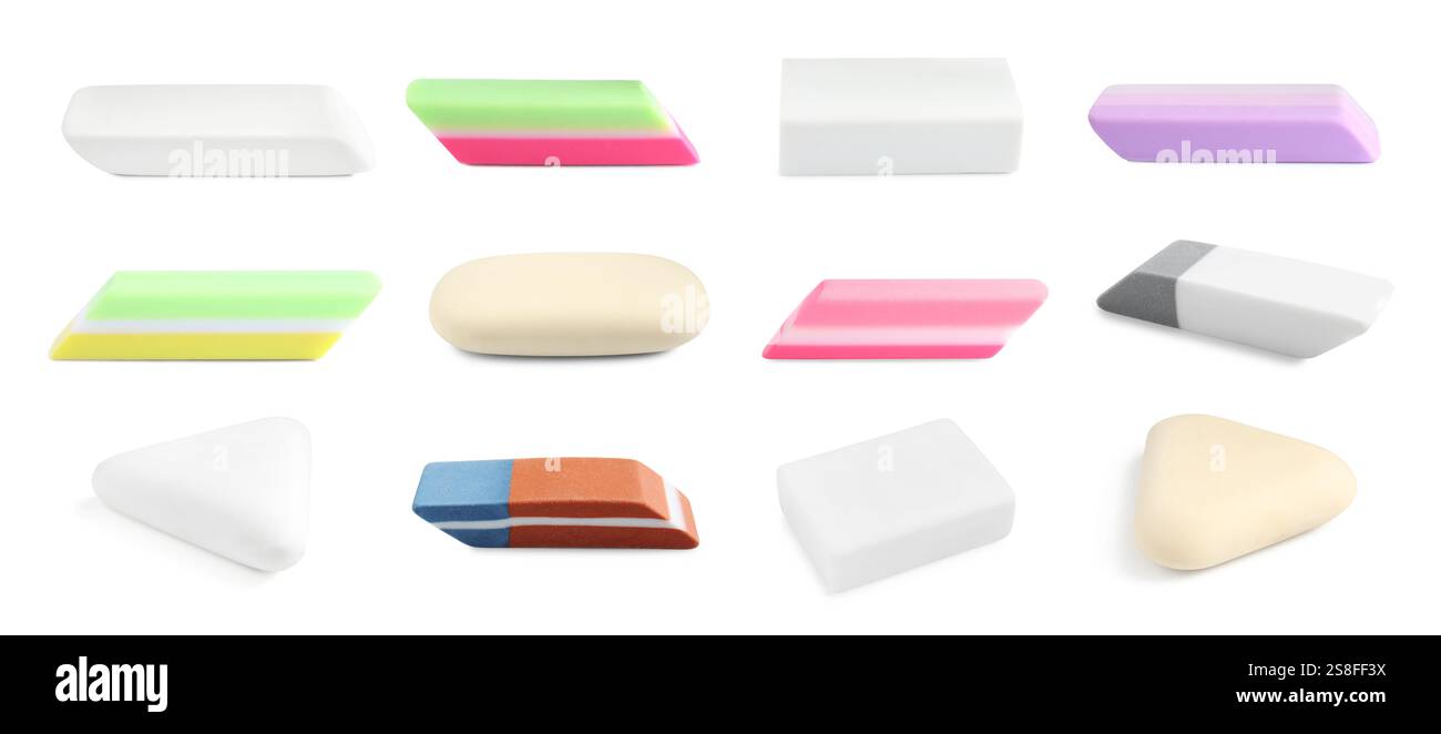 Many different erasers isolated on white, set Stock Photo