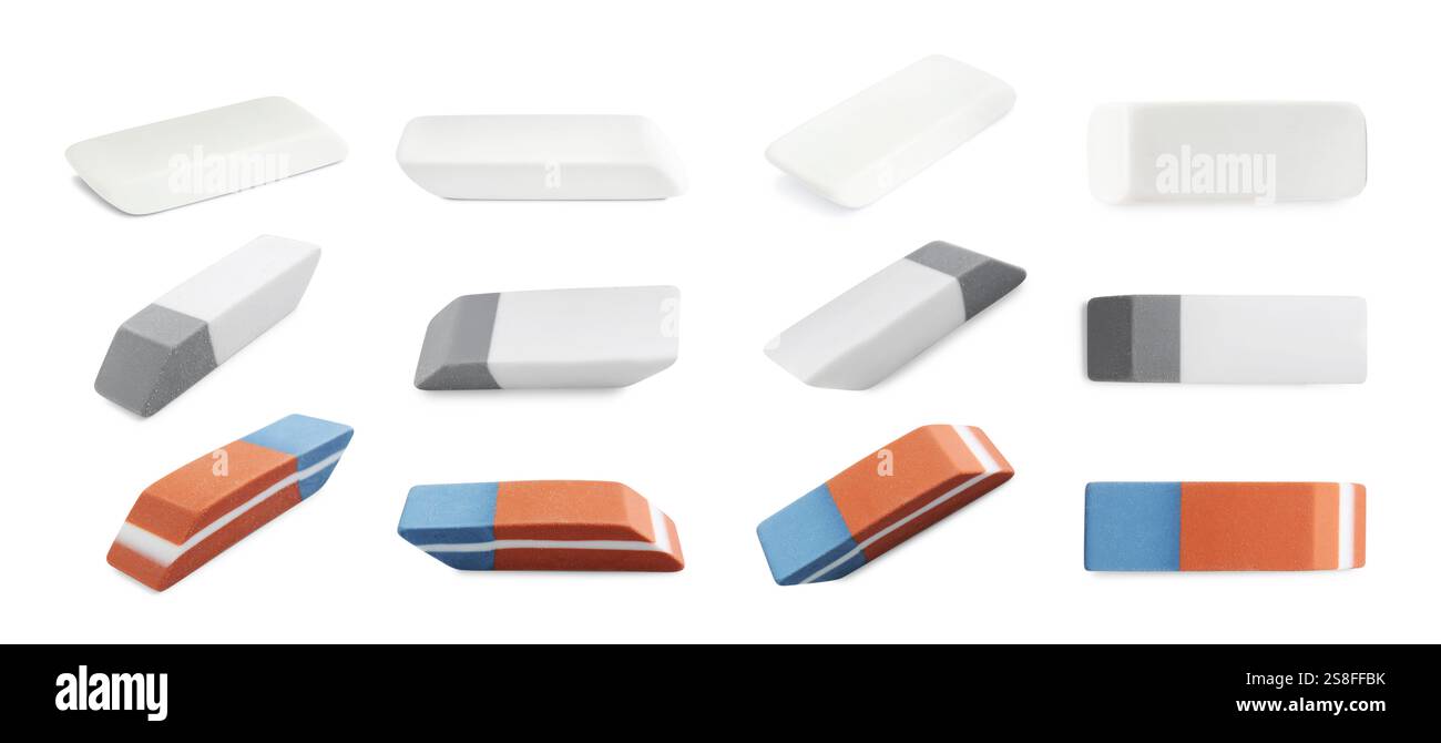 Many different erasers isolated on white, set Stock Photo