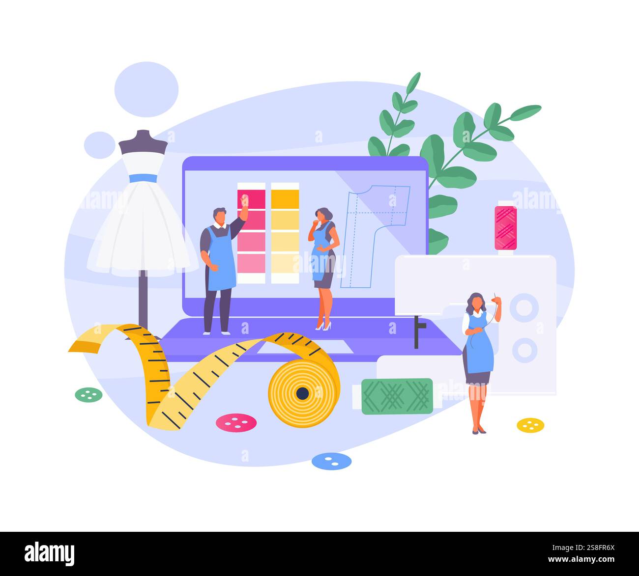 People working in a sewing studio. Sewing workshop concept. Vector illustration Stock Vector