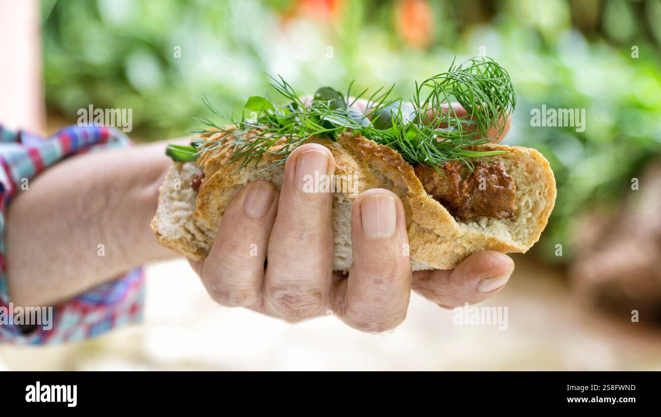 Hand Holding Bread With Shish Kebab, Defocused Background Stock Photo