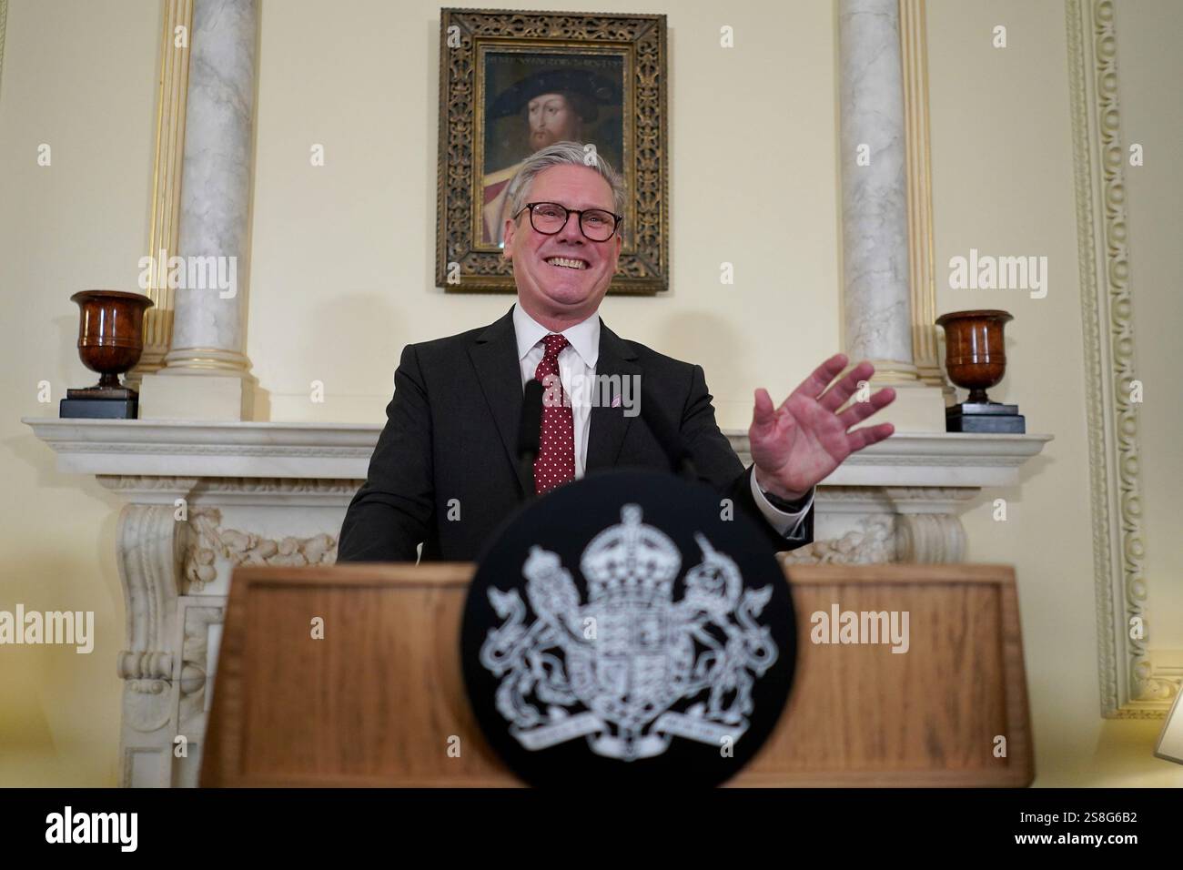 Britain's Prime Minister Keir Starmer gestures as he hosts a reception
