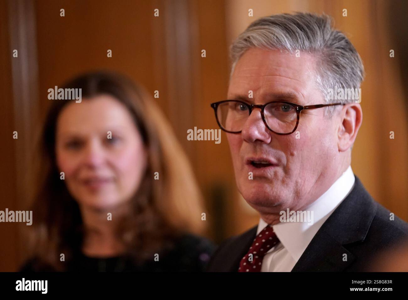 Prime Minister Sir Keir Starmer speaks to guests as he hosts a