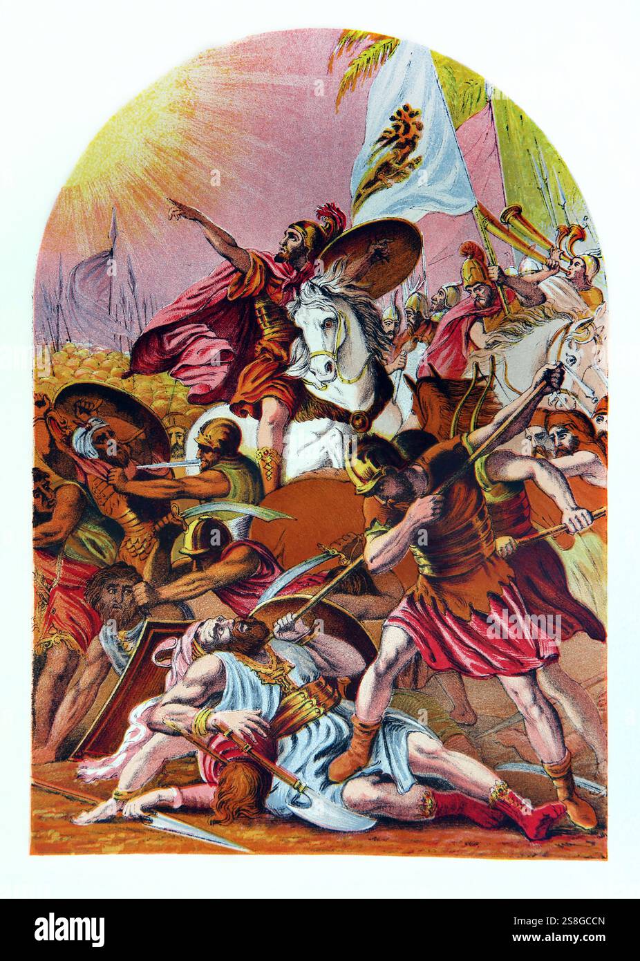 Illustration of Joshua Commanding the Sun to Stand Still from Antique 19th Century The National Illustrated Family Bible - The Holy Bible with Comment Stock Photo