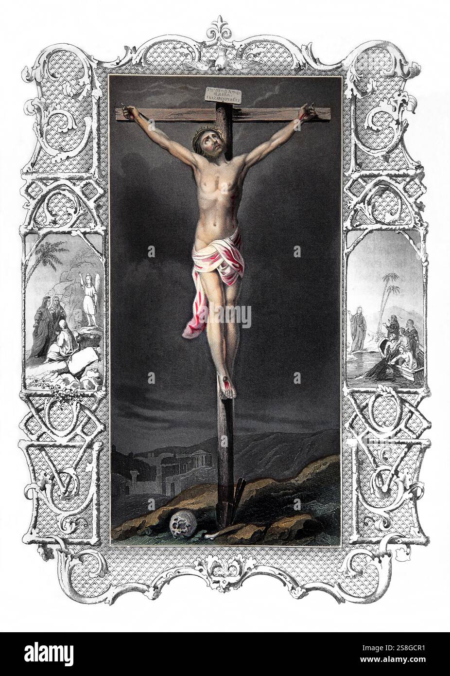 Illustration of the Crucifixion  of Jesus Christ from 1850 Edition of Fleetwood's Life of Christ-  The Life of Our Lord and Saviour Jesus Christ being Stock Photo