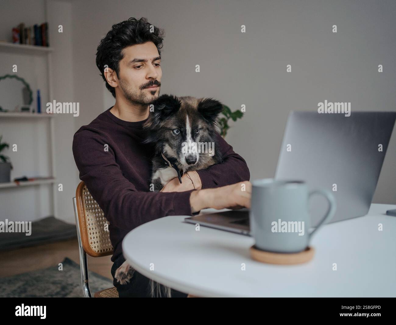 Young handsome middle eastern looking man using computer and holding cute dog in lap while working. Stock Photo