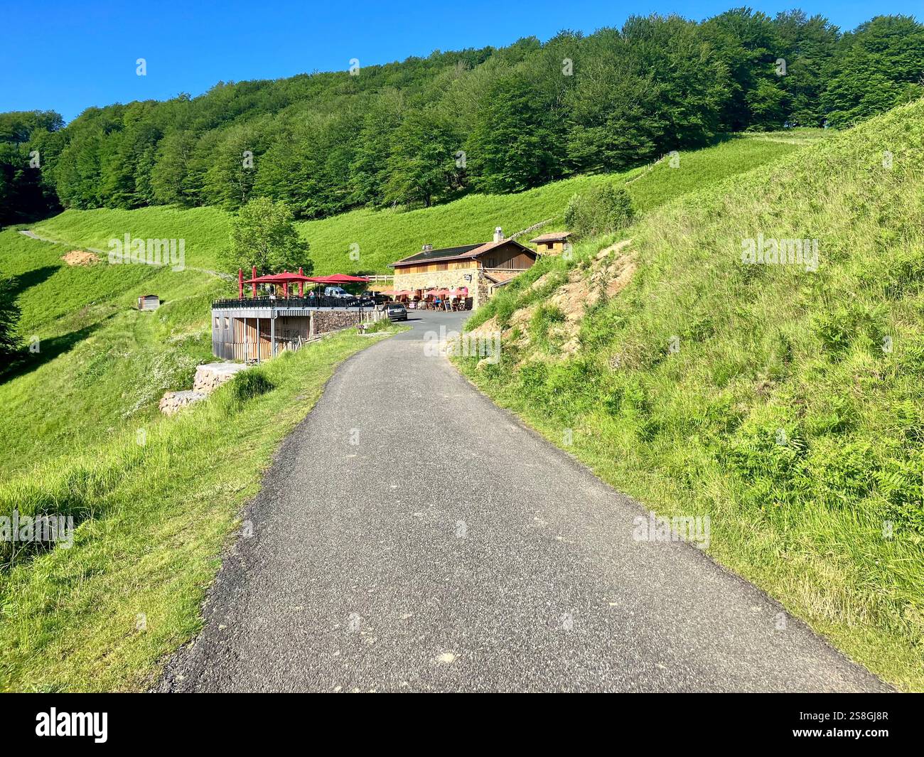 Approaching Refuge Orisson (Refuge d'Orisson) (alt 770m), a popular mountain refuge located in the French Pyrenees, 8 km from Saint-Jean-Pied-de-Port. - Smartphone Captured Stock Image