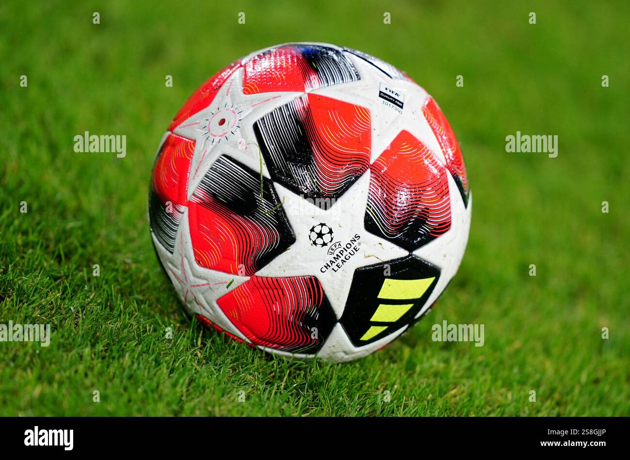 A view of an adidas match ball before the UEFA Champions League, league