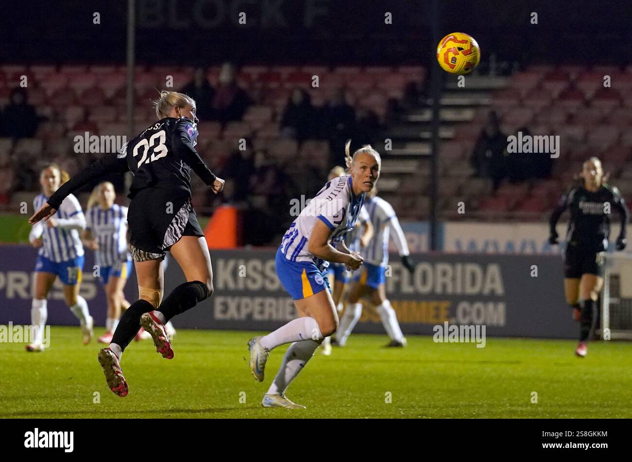 Arsenal's Alessia Russo (left) heads at goal during the Subway Women's