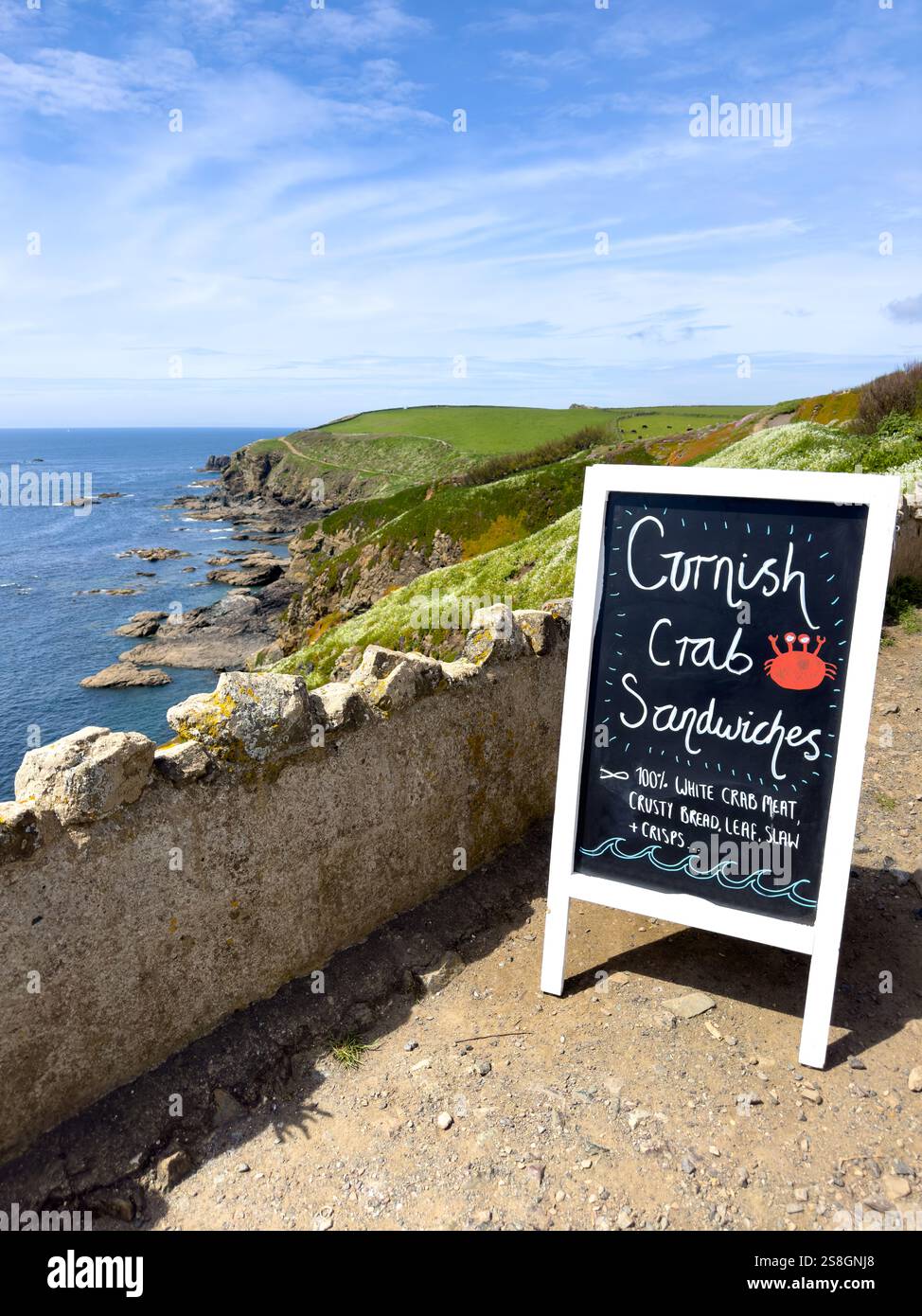 Cornish crab sandwiches sign at the Lizard in Cornwall, UK - Smartphone Captured Stock Image