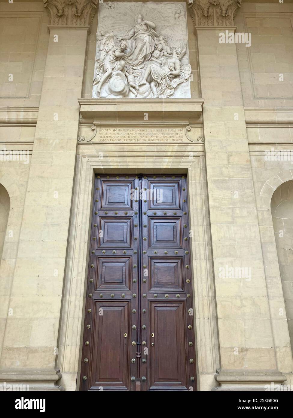 Wooden Doorway into the Cathedral de Santa Maria La Real in Pamplona, Navarre, Spain - Smartphone Captured Stock Image