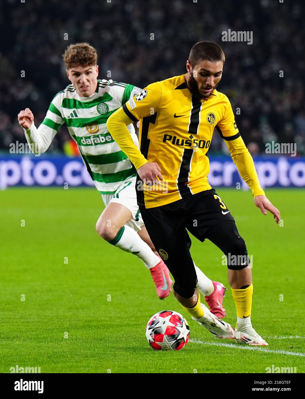 Celtic's Arne Engels (left) and Young Boys' Jaouen Hadjam in action