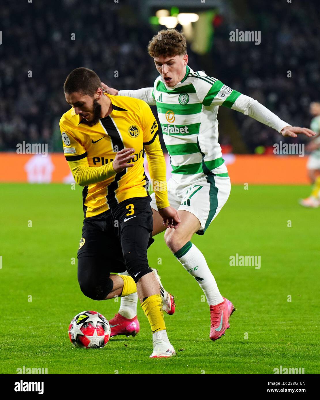 Celtic's Arne Engels (right) and Young Boys' Jaouen Hadjam in action