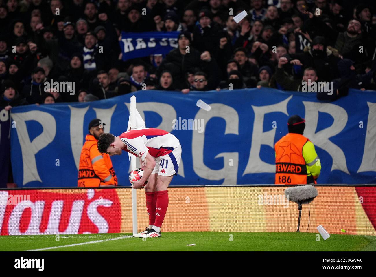 Objects are thrown from the crowd towards Arsenal's Declan Rice as he ...
