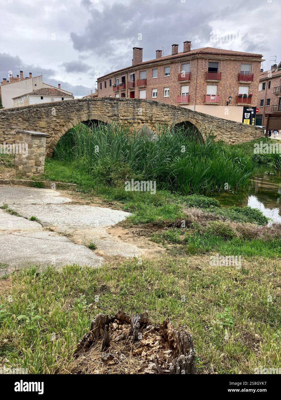 Medieaval Bridge Crossing the Rio Iranzu on the Approach to Villatuerta, Navarre, Spain - Smartphone Captured Stock Image