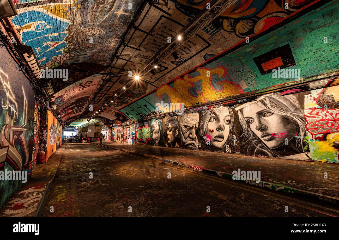 Artworkss on display at Graffiti Tunnel, Leake Street, Waterloo, London, England Stock Photo