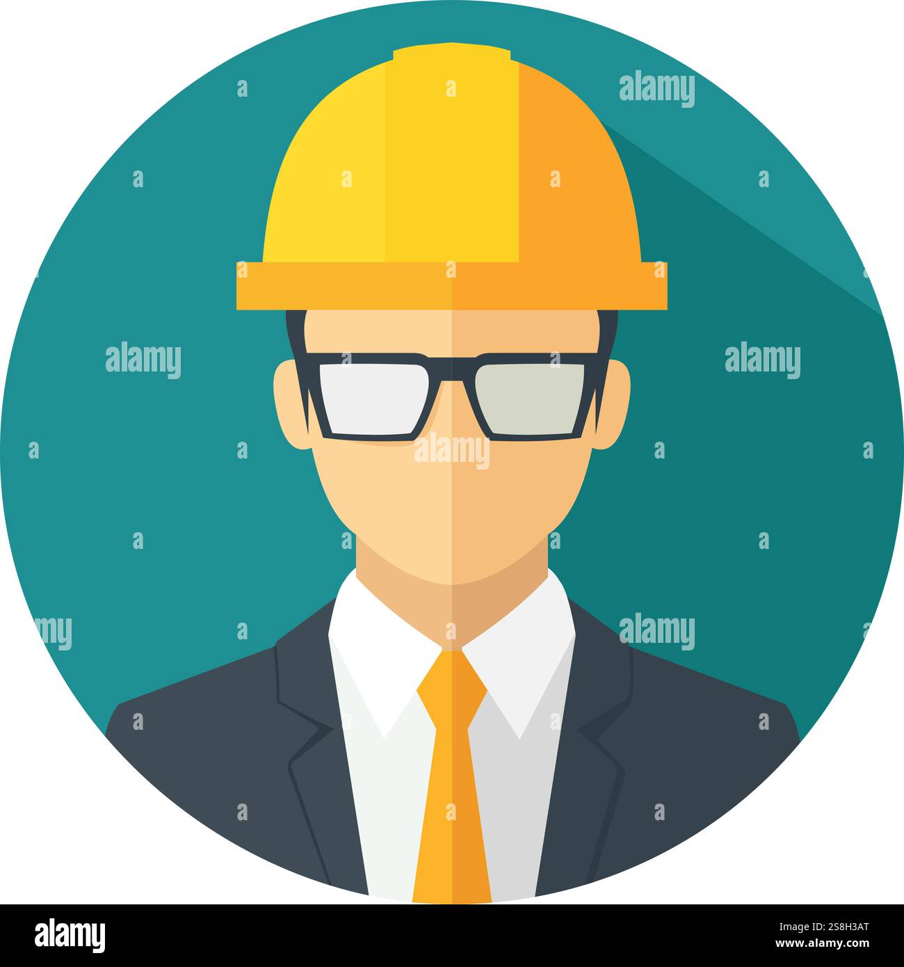 Vector illustration of engineer wearing yellow hard hat and glasses, symbolizing technical expertise, safety, construction Stock Vector