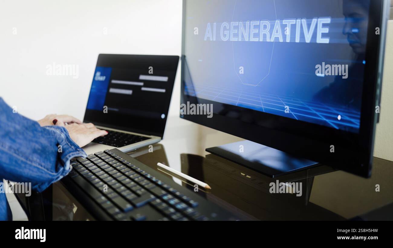 AI generative app. Woman chatting with Artificial Intelligence software in computer laptop. Virtual chat bot, technology concept Stock Photo