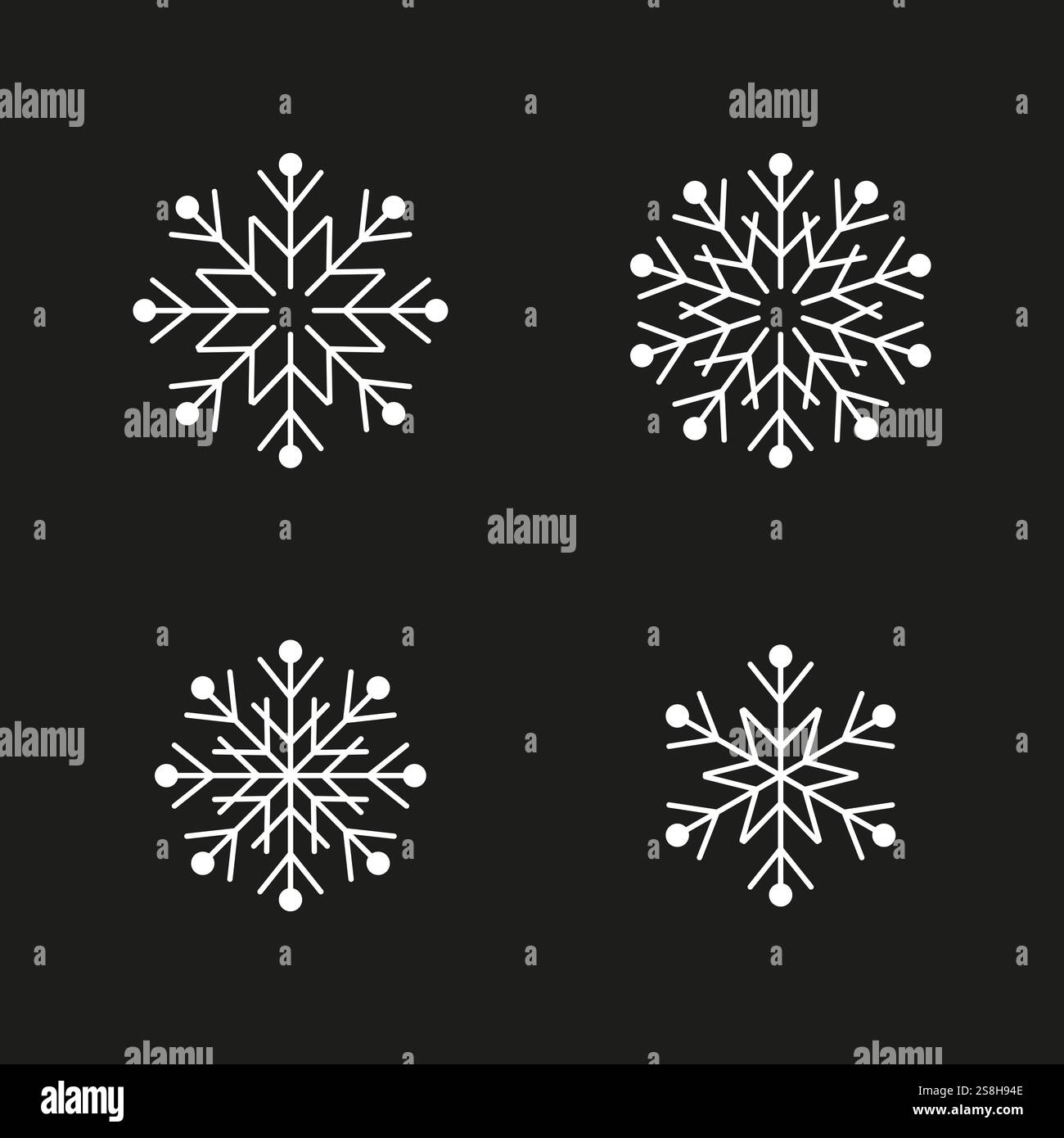 Snowflake vector icons. White snow symbols. Black background contrast ...