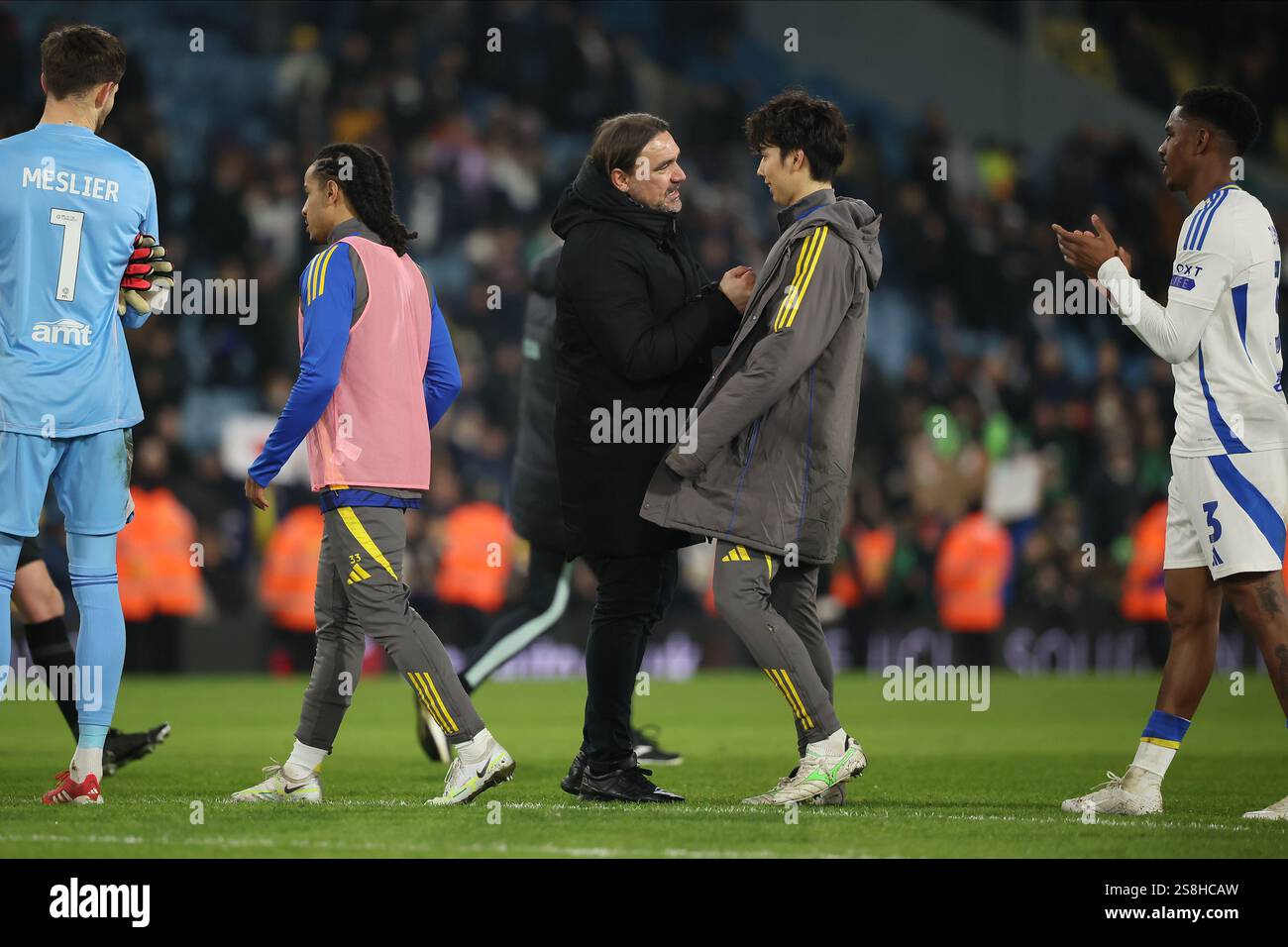 Daniel Farke, Leeds United manager, celebrates with Ao Tanaka (Leeds