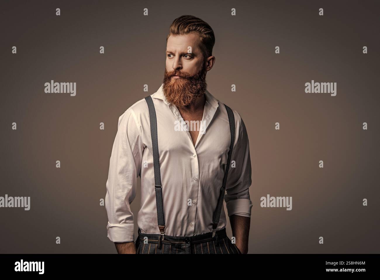 Mature redhead man with hairstyle. Vintage male fashion style. Male vintage  style. Vintage brutality guy in retro suspenders. Retro man in suspenders  Stock Photo - Alamy