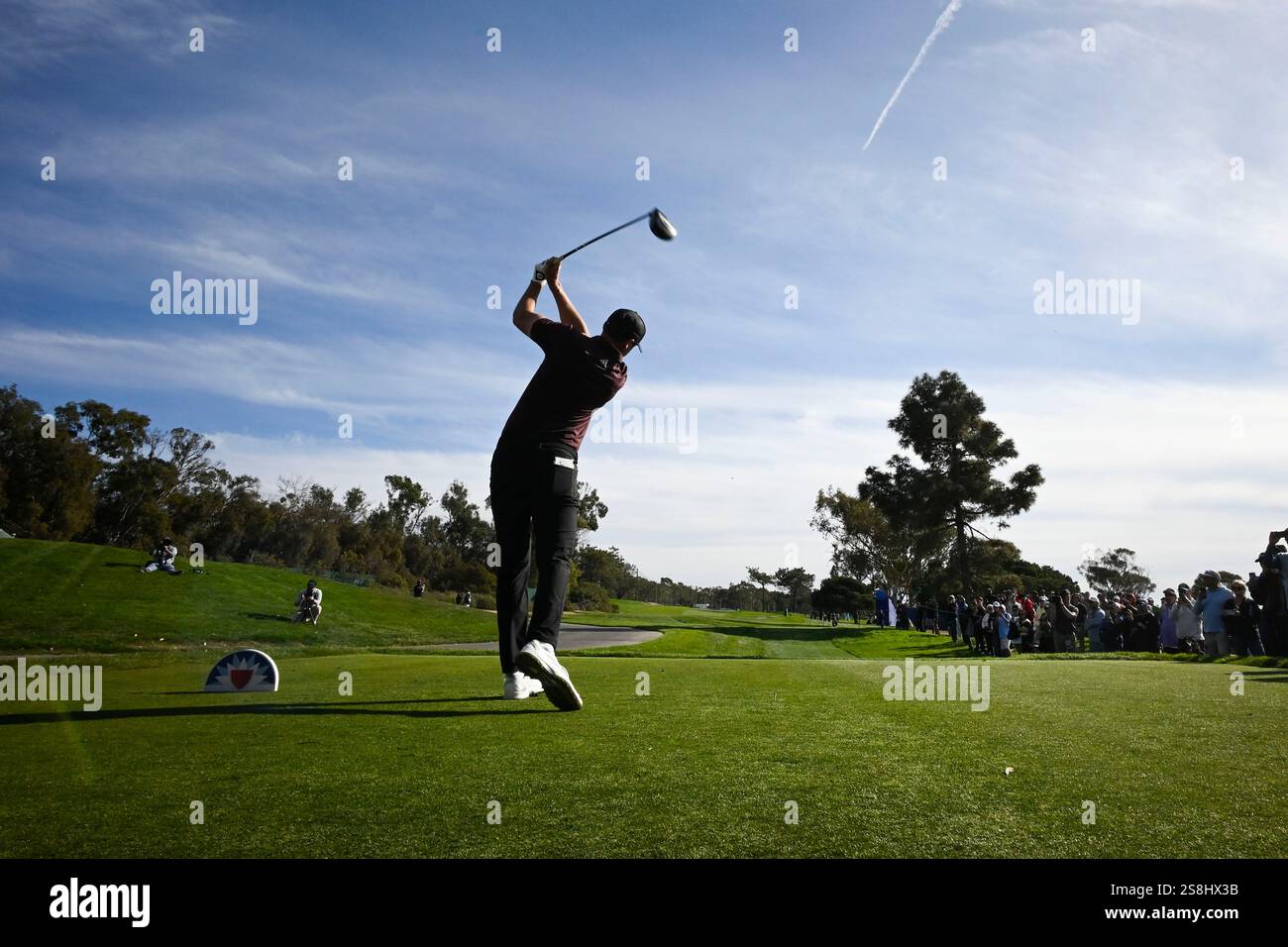 Ludvig Aberg hits from the ninth tee of the North Course at Torrey