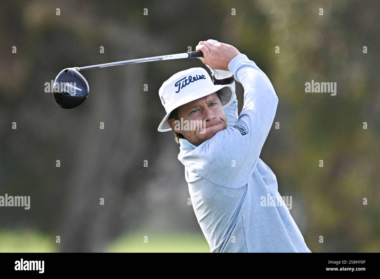 Peter Malnati hits his tee shot on the second hole of the North Course
