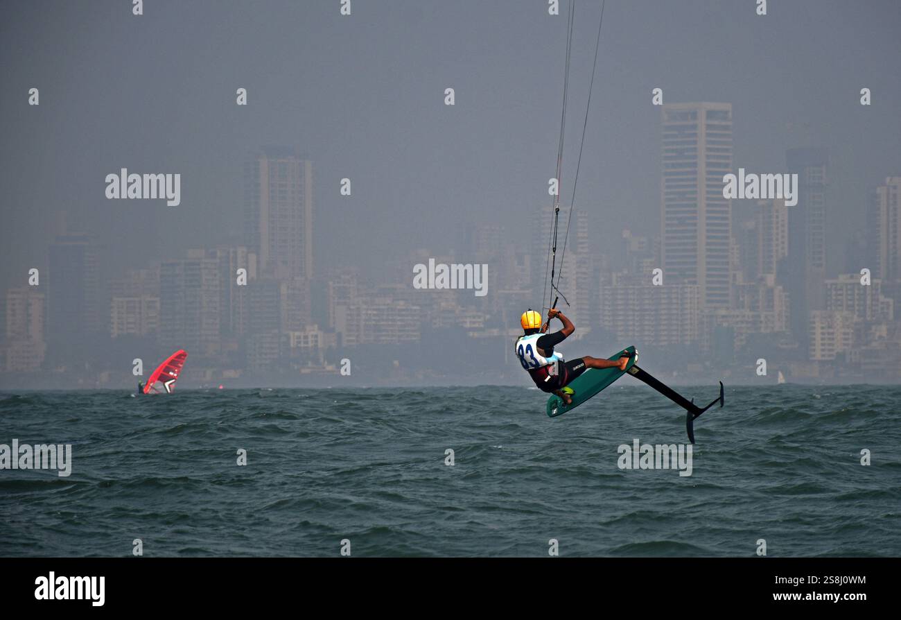 A kitesurfer sails on the waters of Arabian sea during the Sail India ...