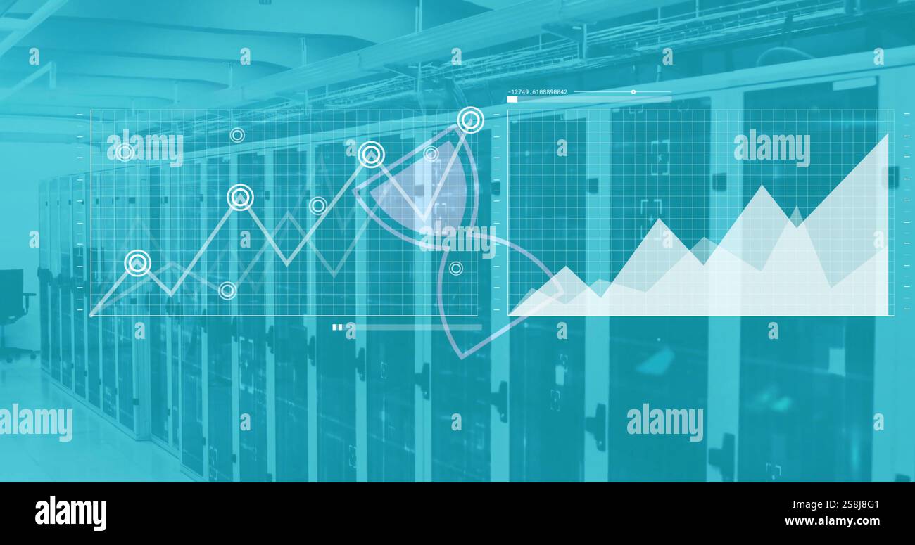 Image of hourglass icon and financial data processing over computer severs Stock Photo