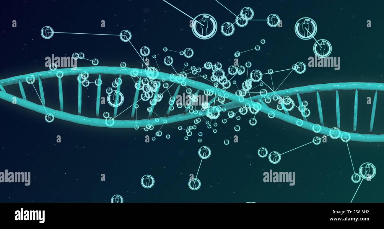 Image of dna strand and network of connections with icons Stock Photo ...
