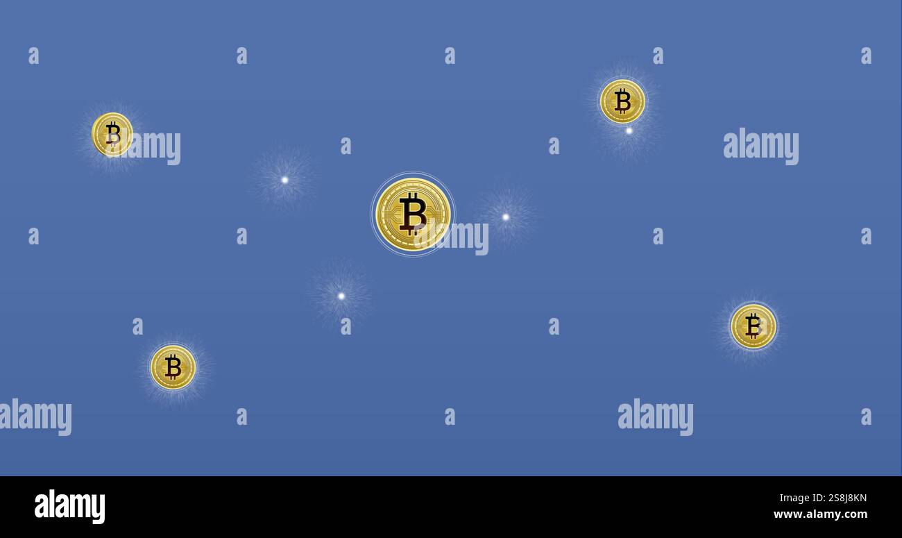 Image of bitcoins financial data processing over blue background Stock Photo