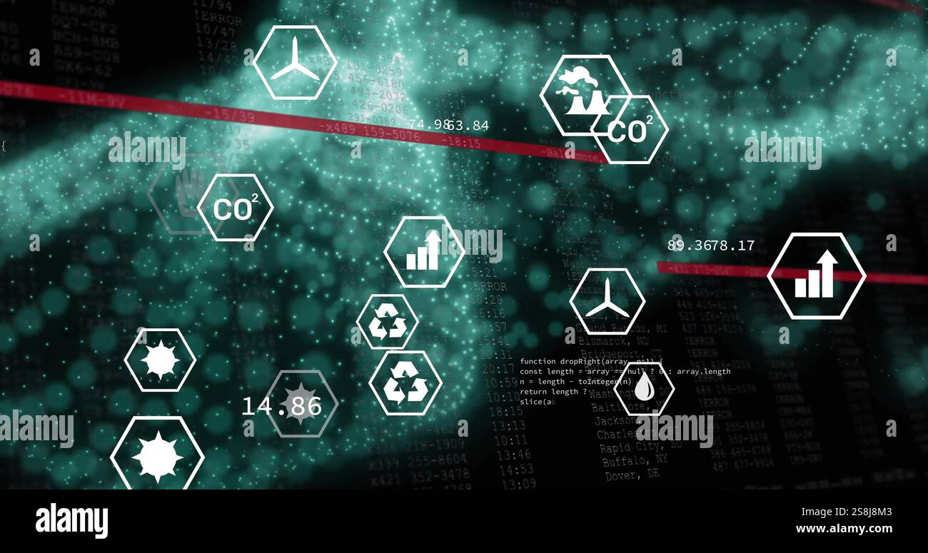Image of digital data processing and eco icons over glowing mesh Stock Photo