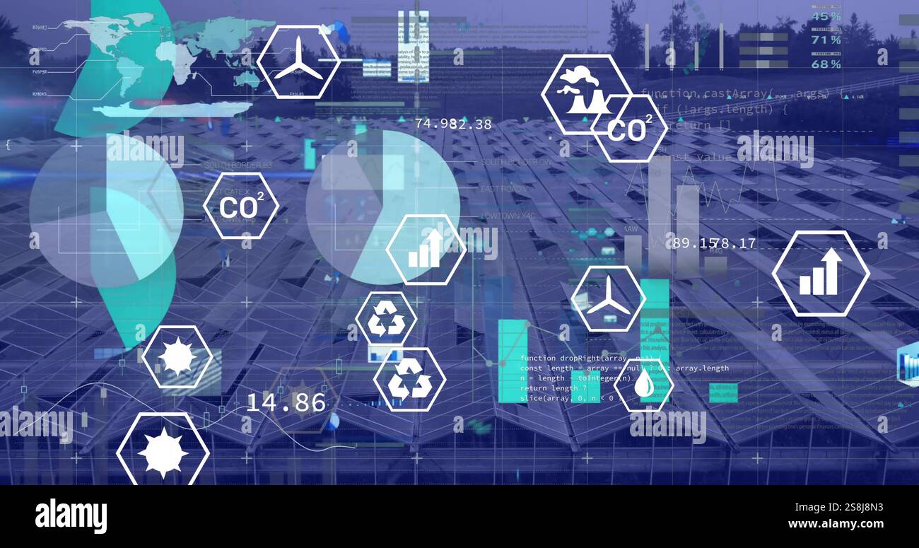 Image of digital data processing and eco icons over solar panels Stock Photo