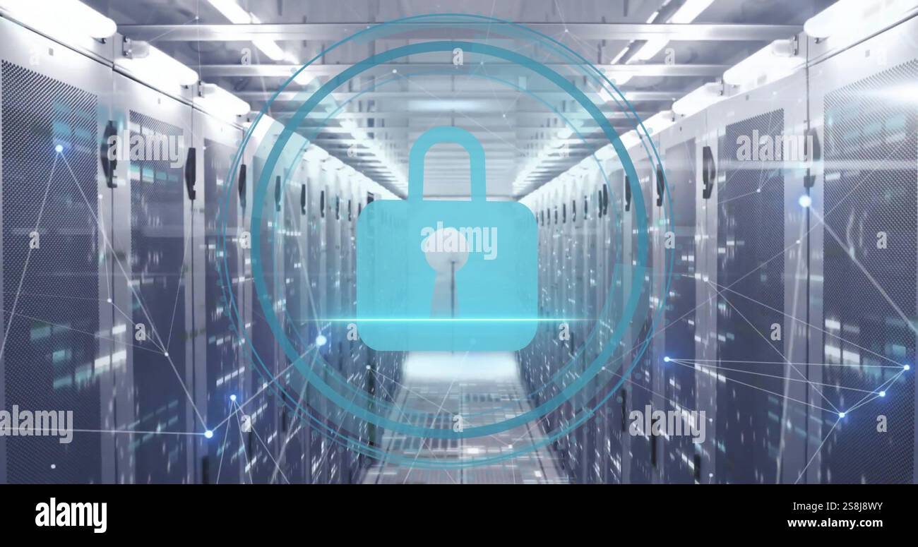 Image of padlock icon, digital data processing over computer servers Stock Photo