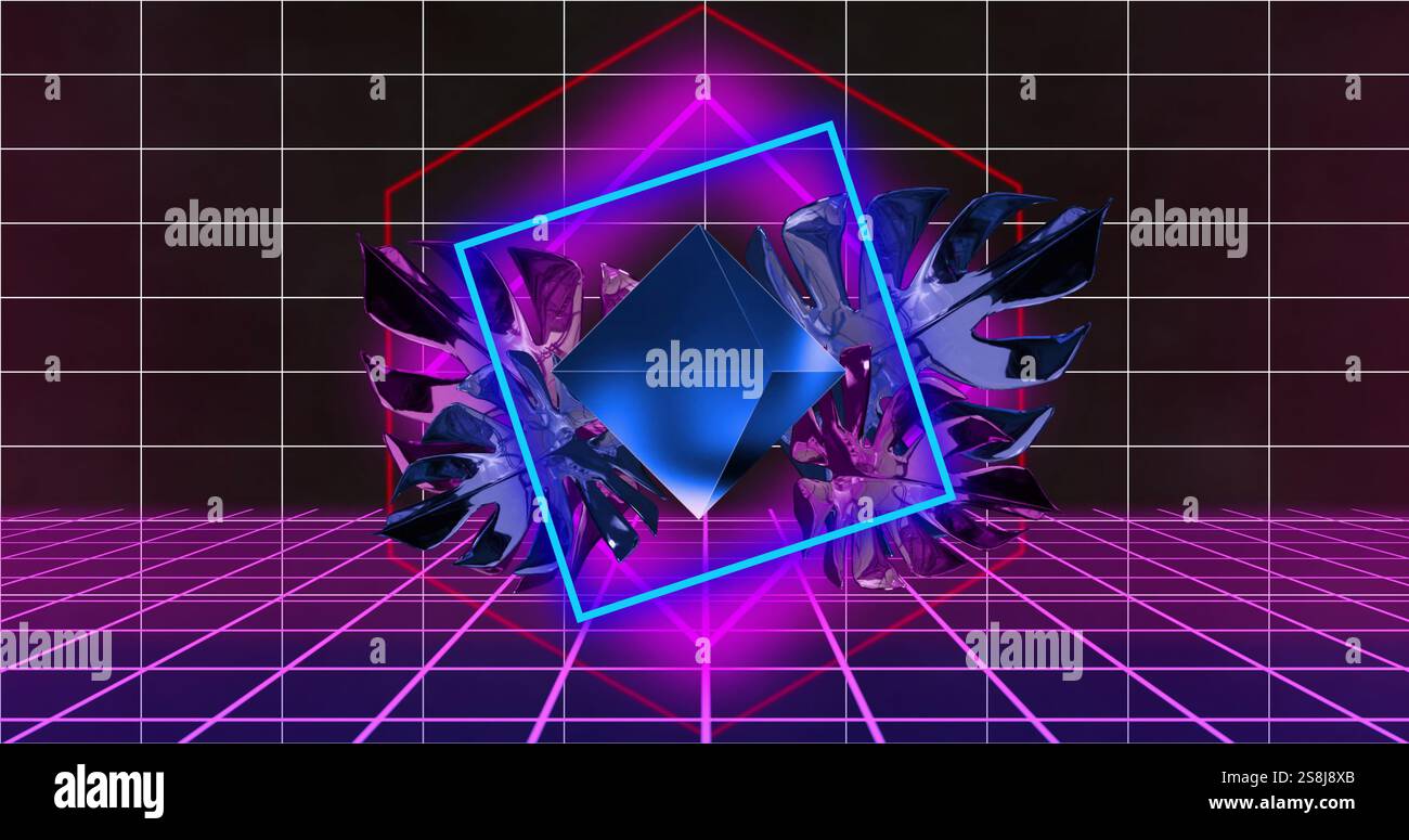 Shape Over Grid Geometric shapes and neon lights image over grid background Stock Photo ...