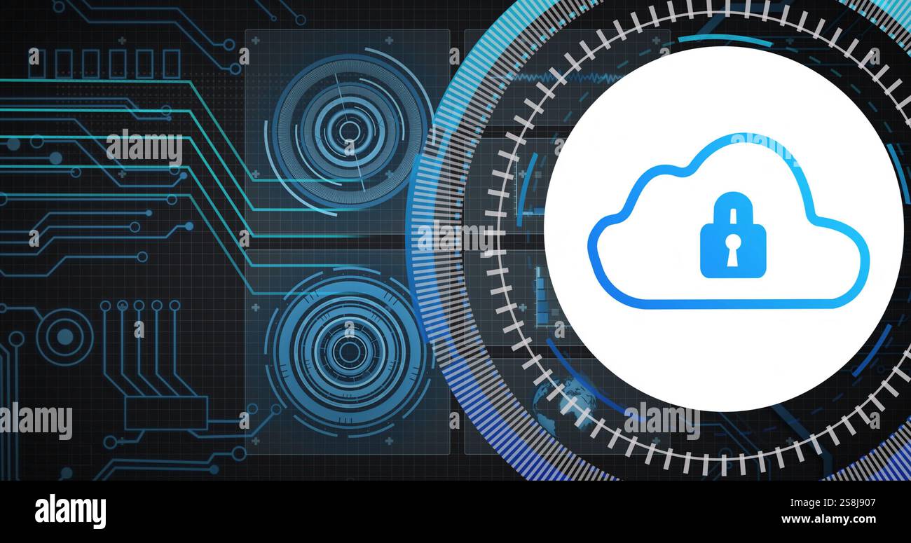 Image of network, charts processing data and scanner with padlock cloud icon Stock Photo