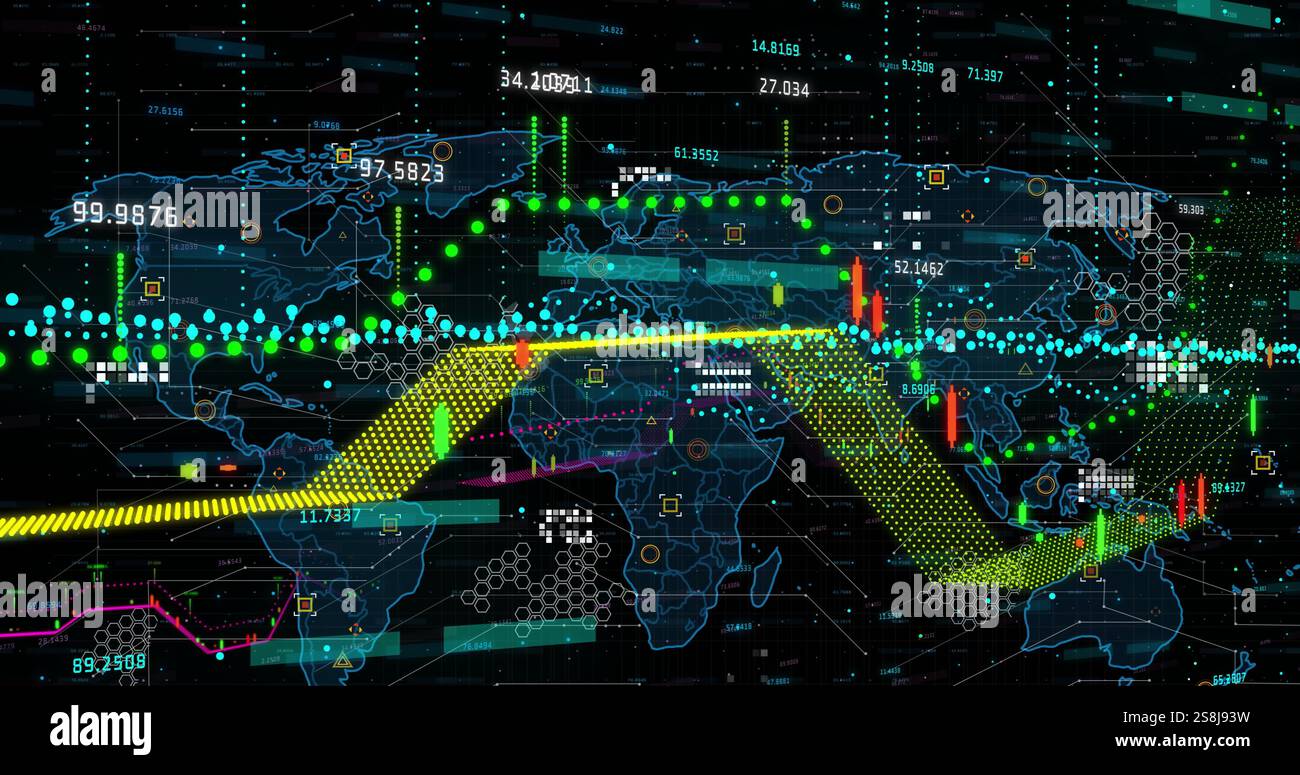 Image of digital data processing over world map on dark background ...
