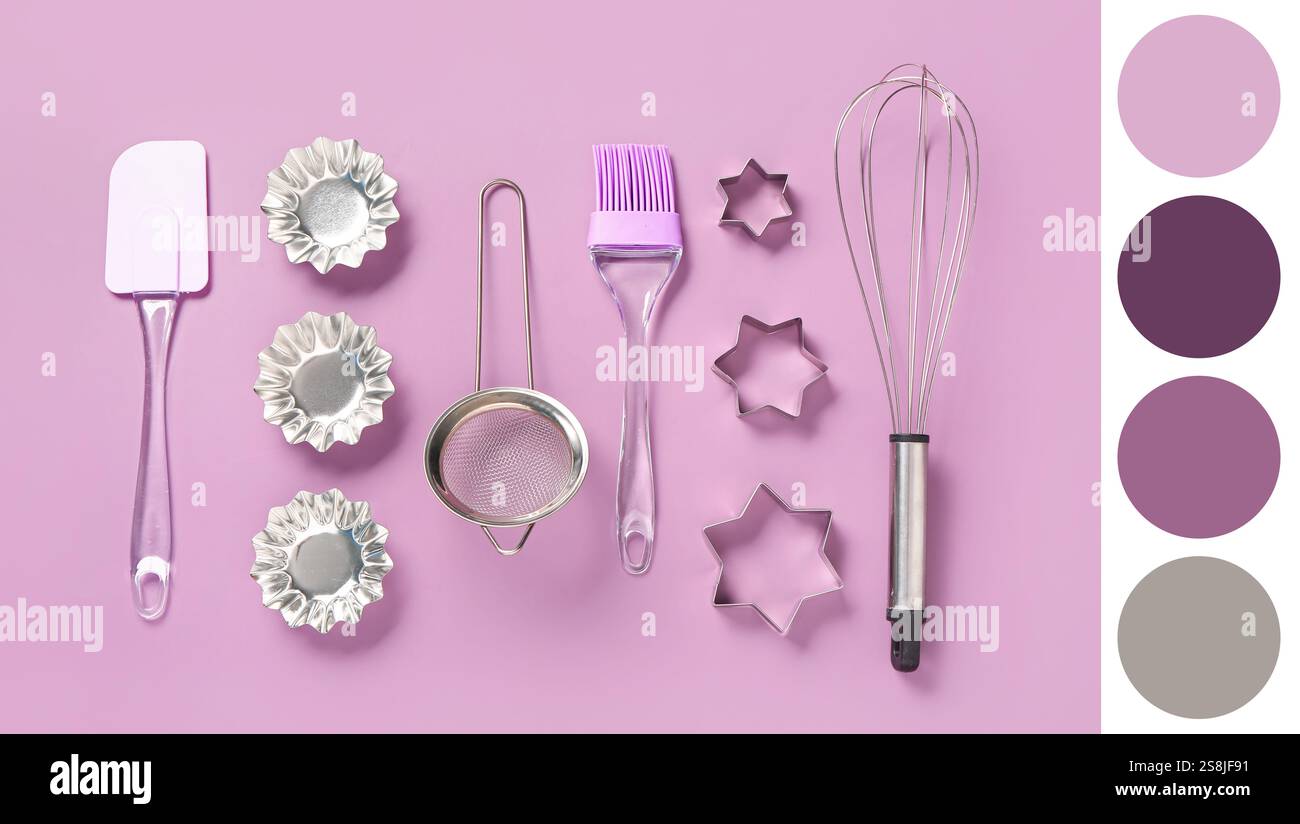 Baking utensils on pink background. Different color patterns Stock ...