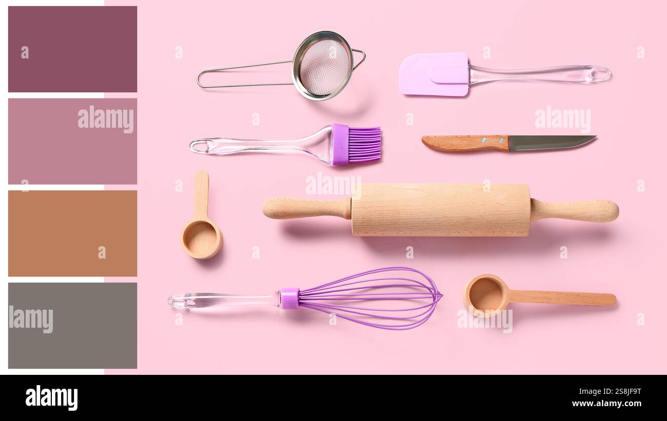 Baking utensils on pink background. Different color patterns Stock ...