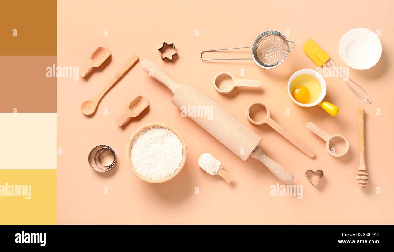 Baking utensils and products on beige background. Different color ...
