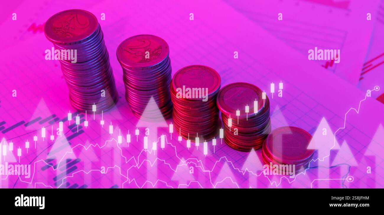 Stacks of coins and diagrams on virtual screen. Exchange rate concept ...