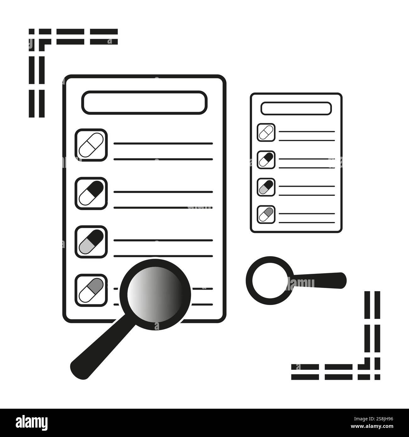 Magnifying glass icon. Search document symbol. Simple list graphic ...