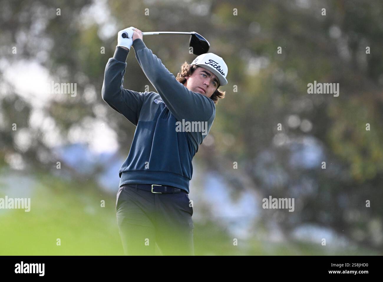 Garrick Higgo hits his tee shot on seventh hole of the North Course at