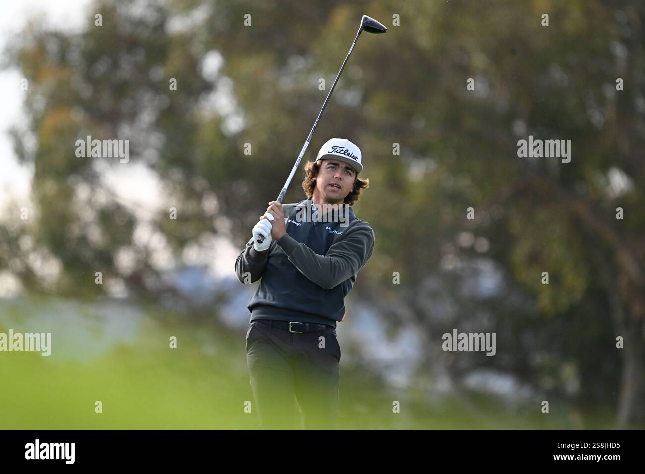 Garrick Higgo hits his tee shot on seventh hole of the North Course at