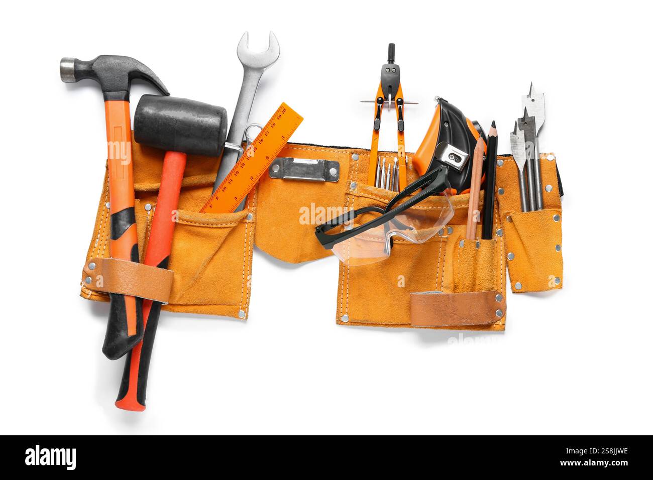 Belt with carpenter's tools on white background Stock Photo