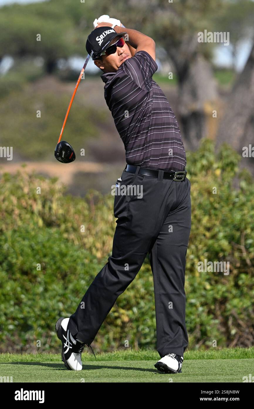 Hideki Matsuyama hits his tee shot on the fifth hole of the South