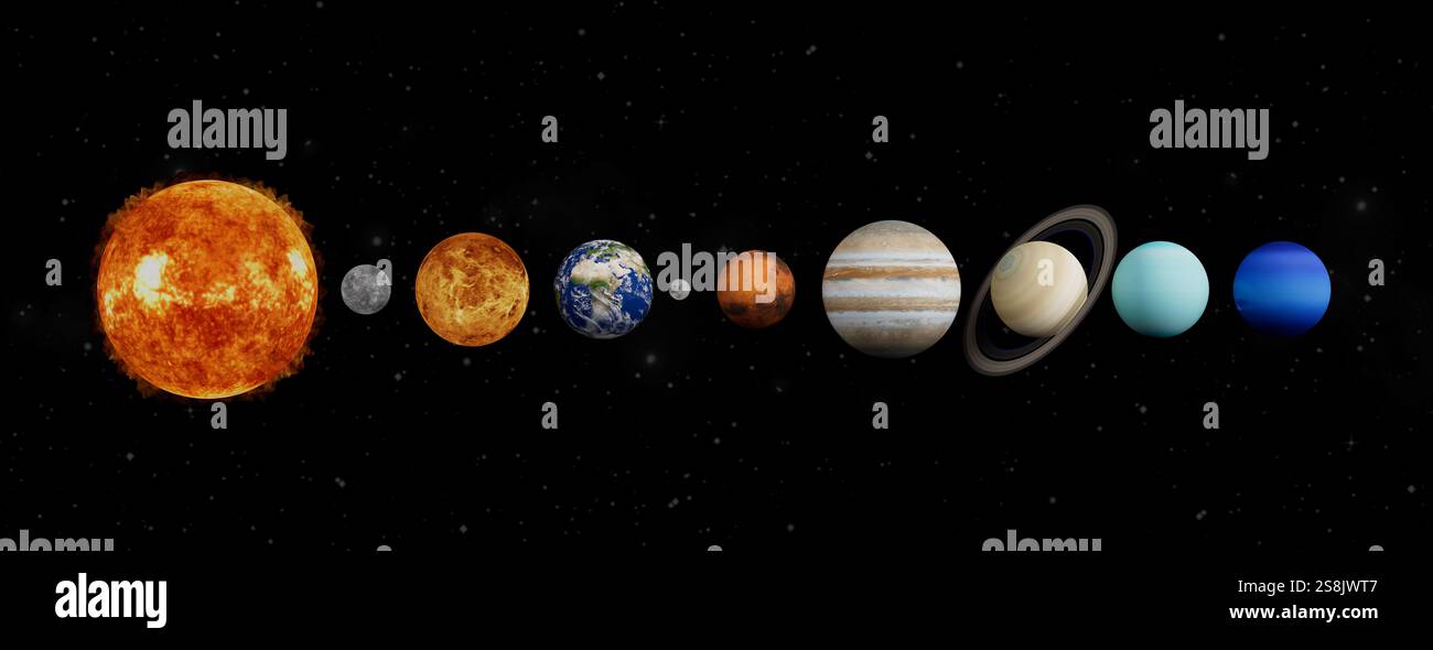 Planets of the Solar System in a Row From the Sun on a black stars ...