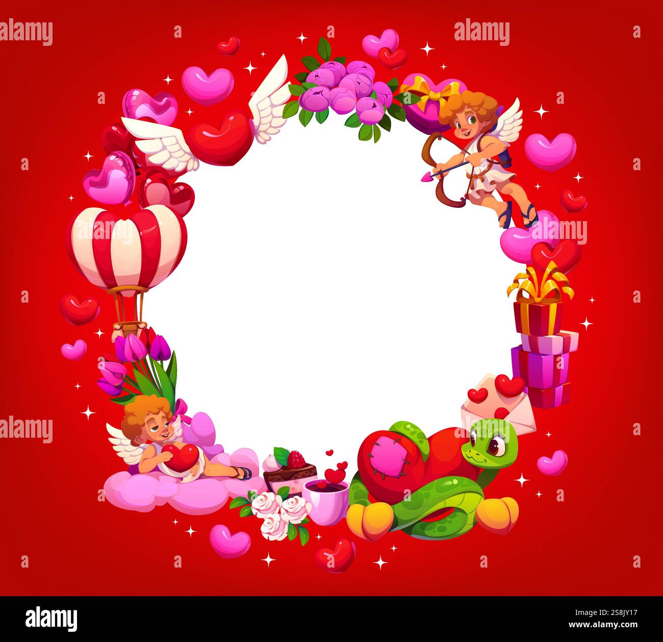Valentines day frame banner with playful cherubs, cute cartoon snake ...