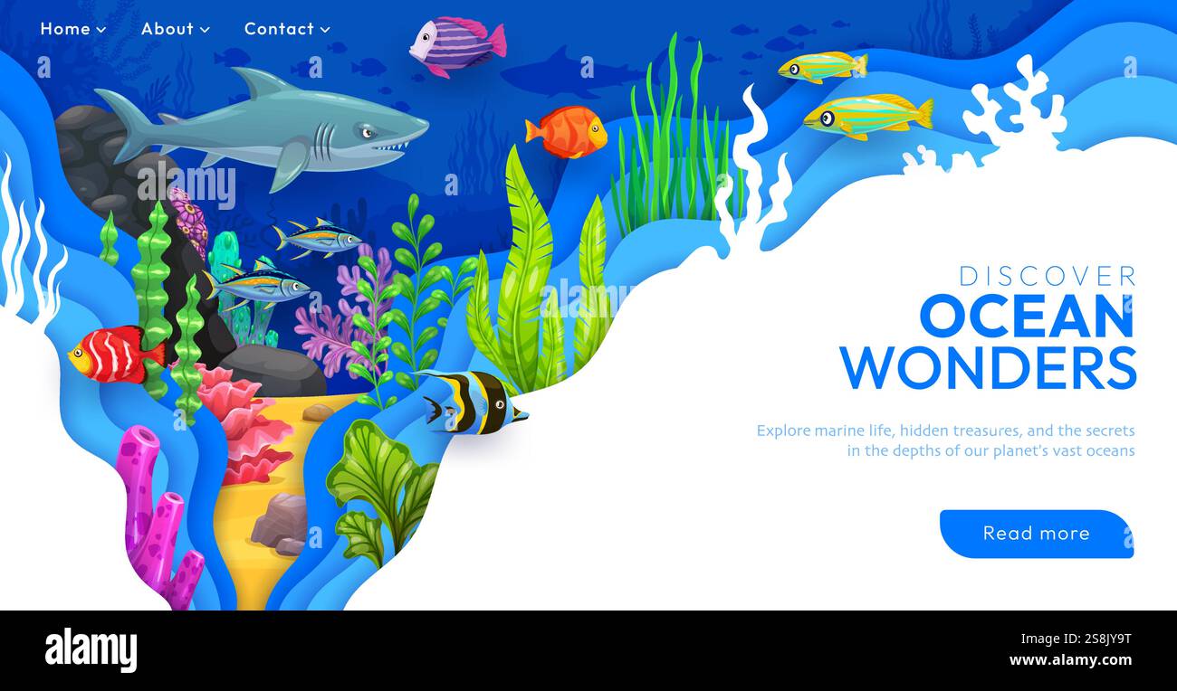 Paper cut landing page template with cartoon underwater landscape ...